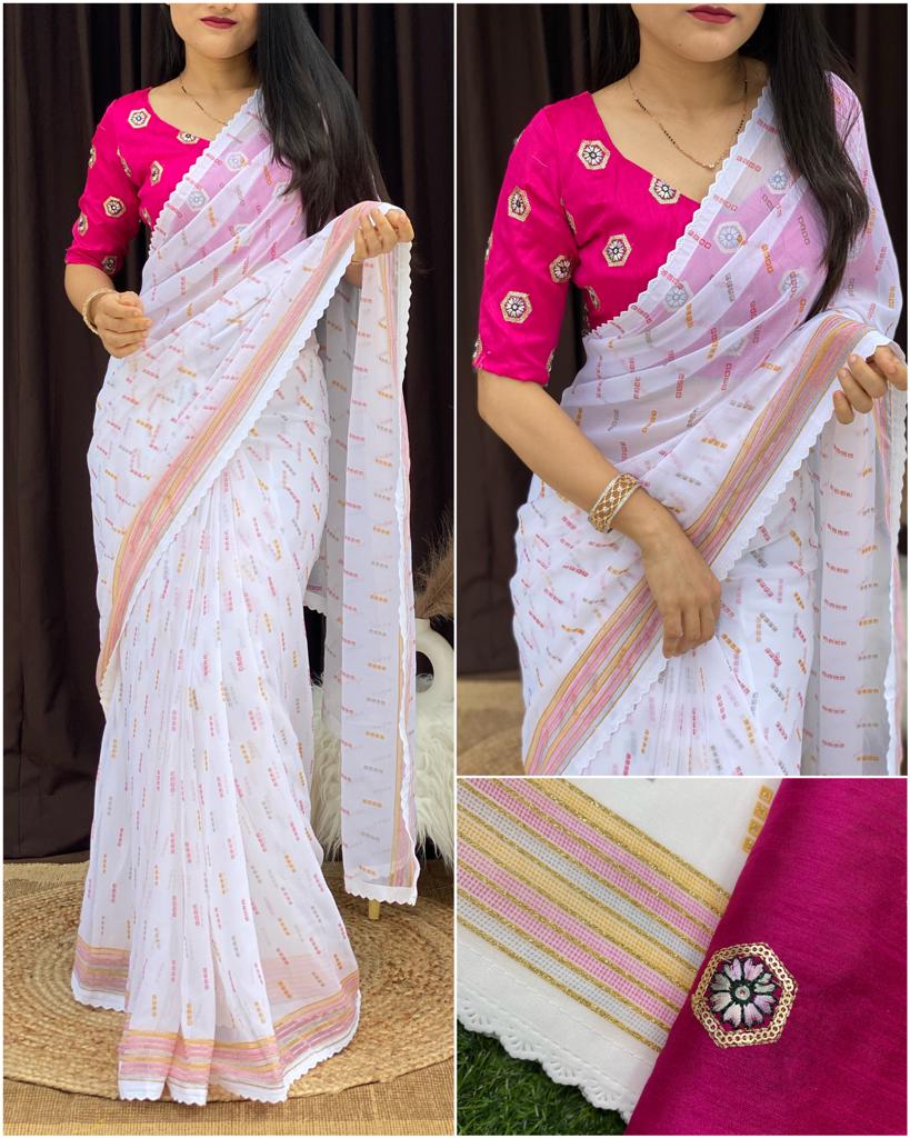 Daily Wear Peach Printed Work Georgette Saree