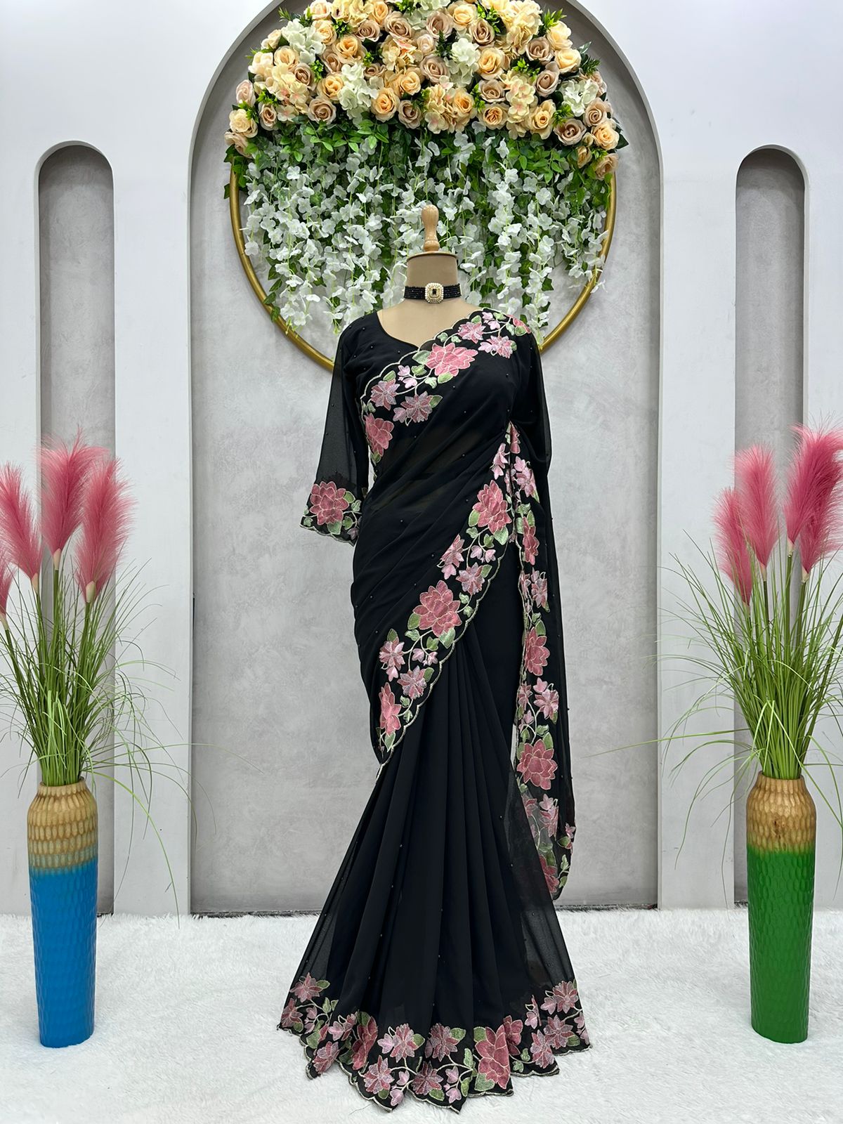 Beautiful black shaded resham work faux georgette saree