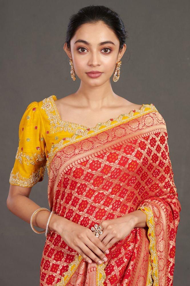 Red Bandhej Bulian-work Saree