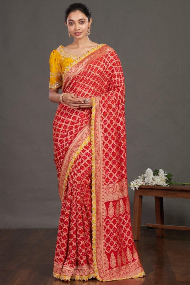 Red Bandhej Bulian-work Saree