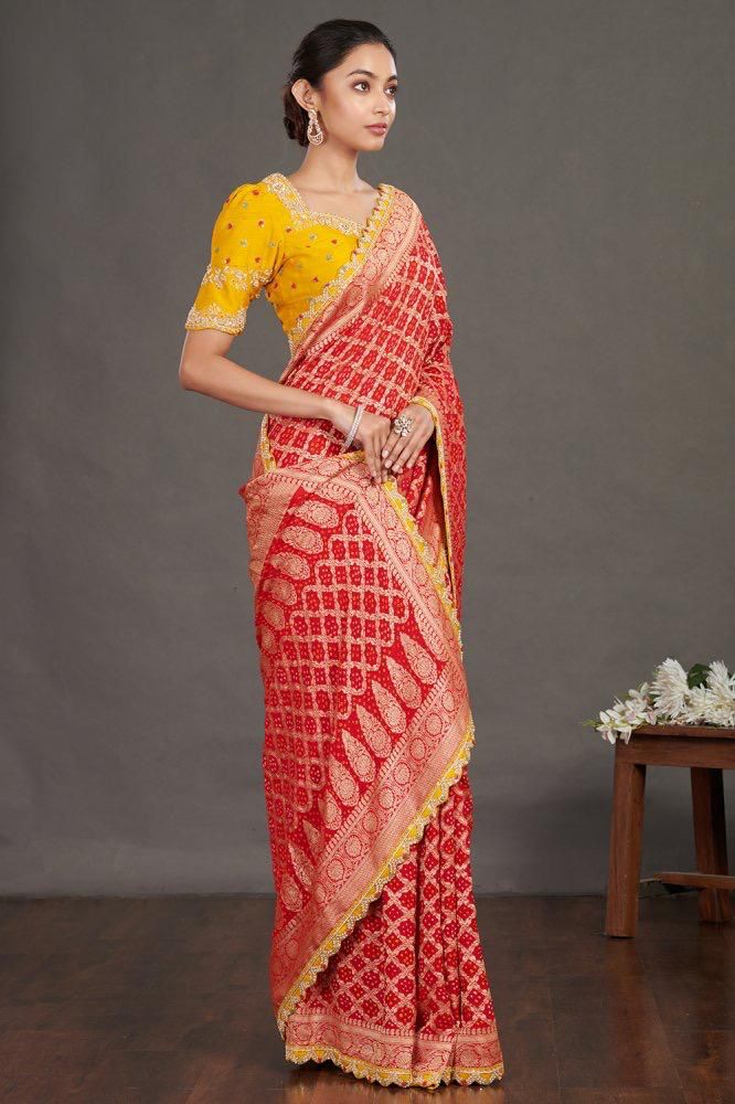 Red Bandhej Bulian-work Saree