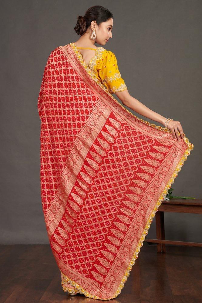 Red Bandhej Bulian-work Saree