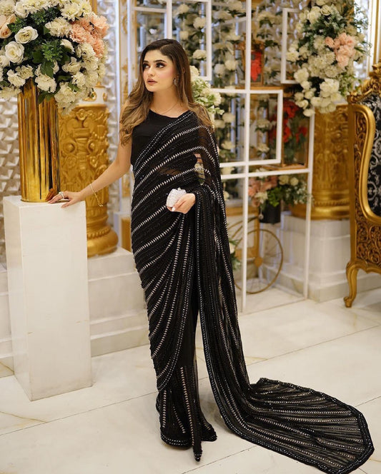Enthralling Black Sequined Work Georgette Cocktail Party Saree