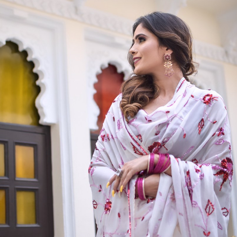 White Satin Printed Saree With Blouse