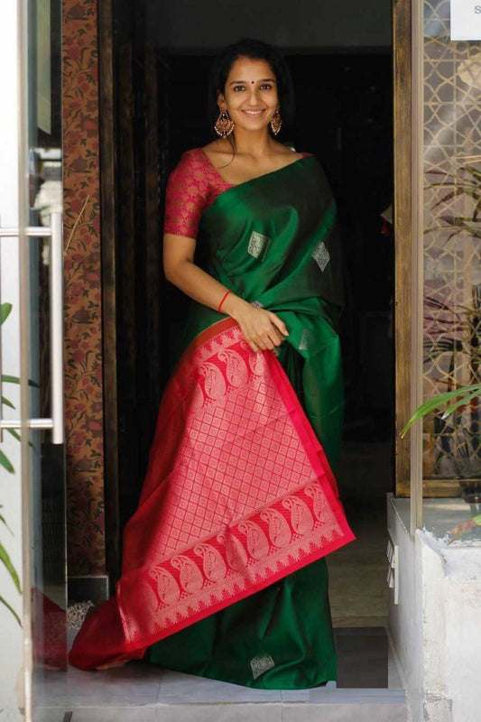 Stylish Green Soft Silk Saree with Unique Red Blouse