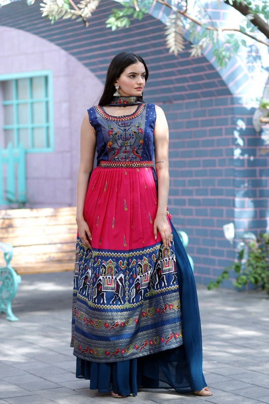 Digital Printed Rayon Front Slit Kurta Set in navy blue