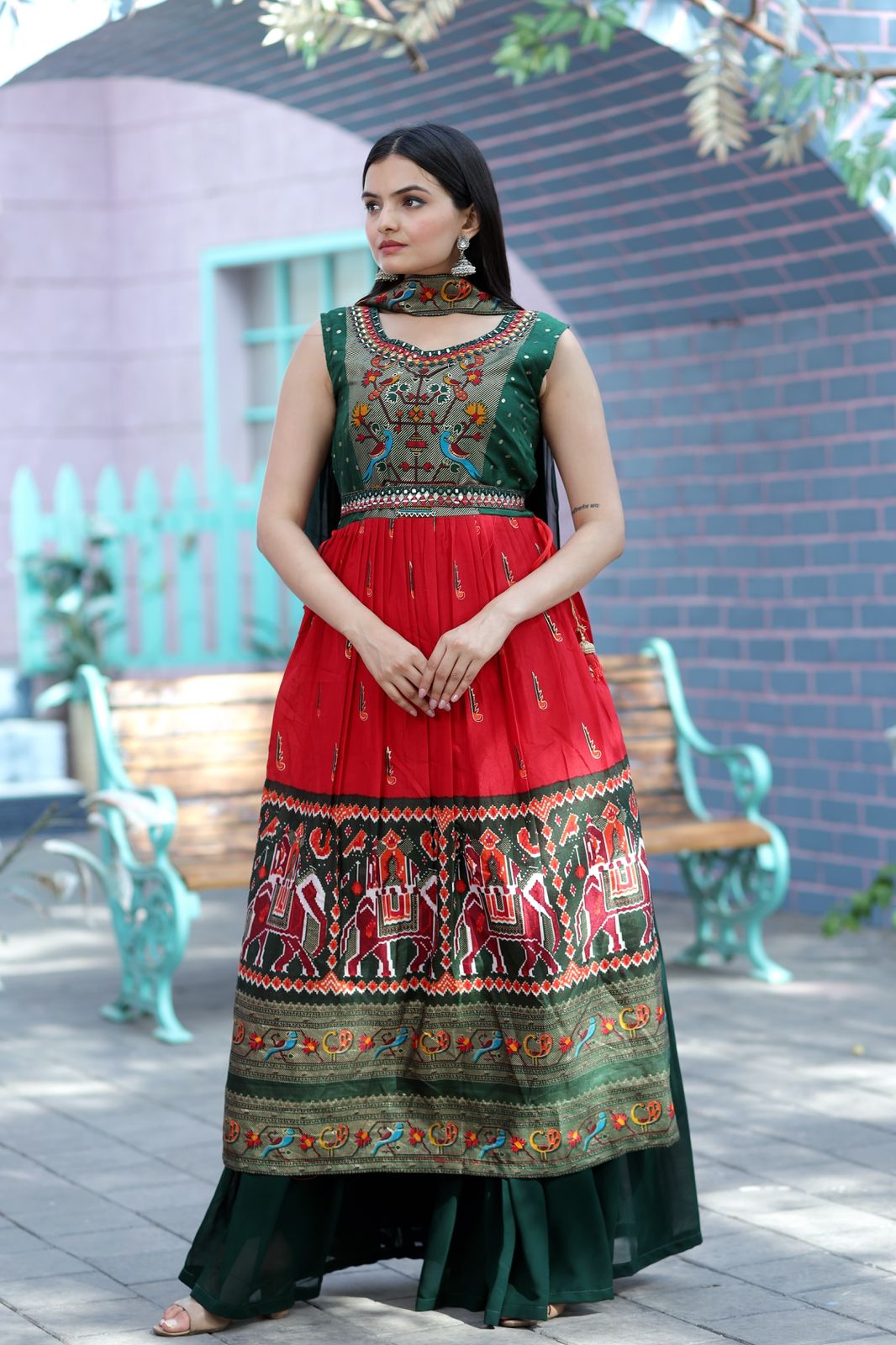 Digital Printed Rayon Front Slit Kurta Set in Green