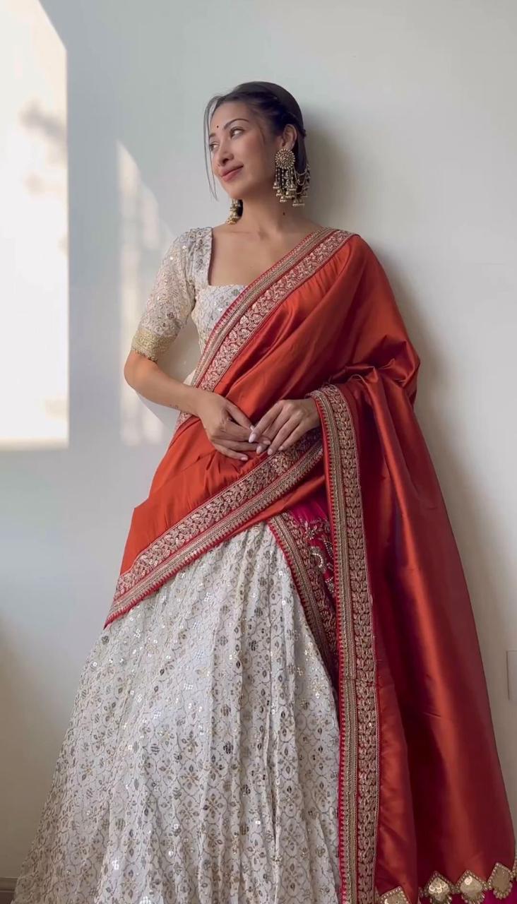 Jacquard Lehenga Choli In Red And White