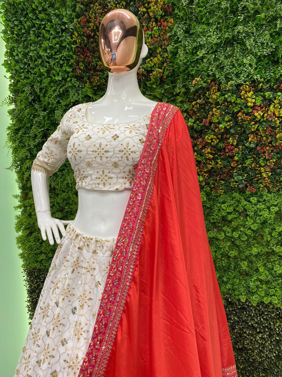 Jacquard Lehenga Choli In Red And White