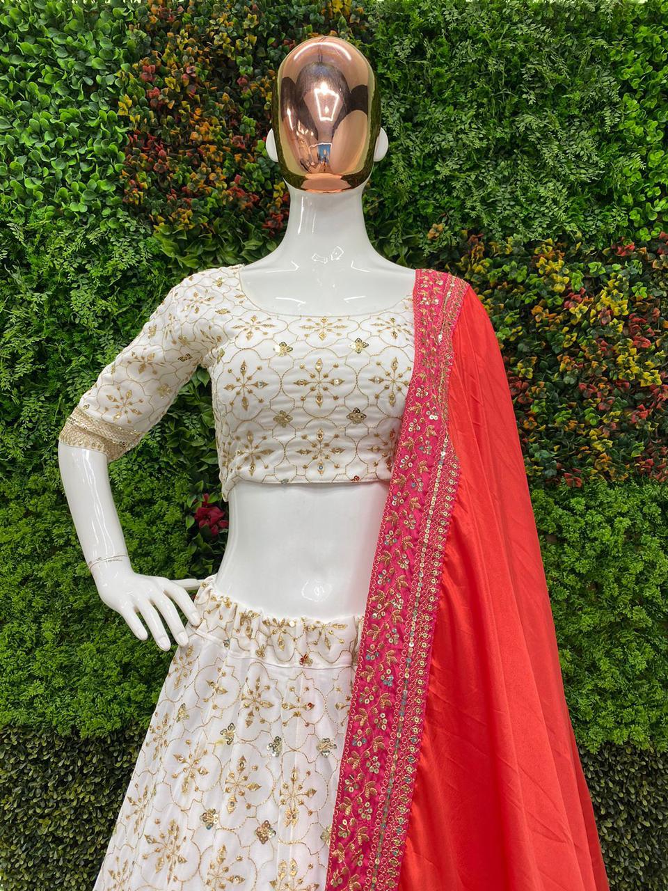 Jacquard Lehenga Choli In Red And White