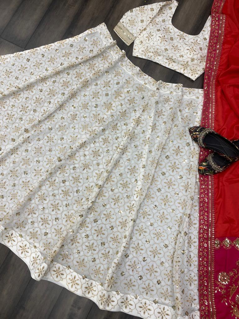 Jacquard Lehenga Choli In Red And White