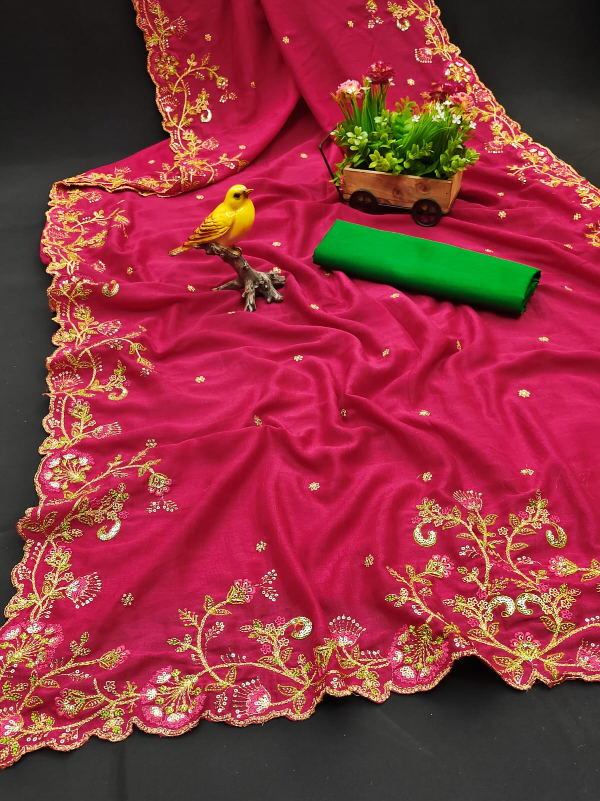 Women's Bollywood Designer Pink Colored Vichitra Silk Embroidered Party Wear Saree