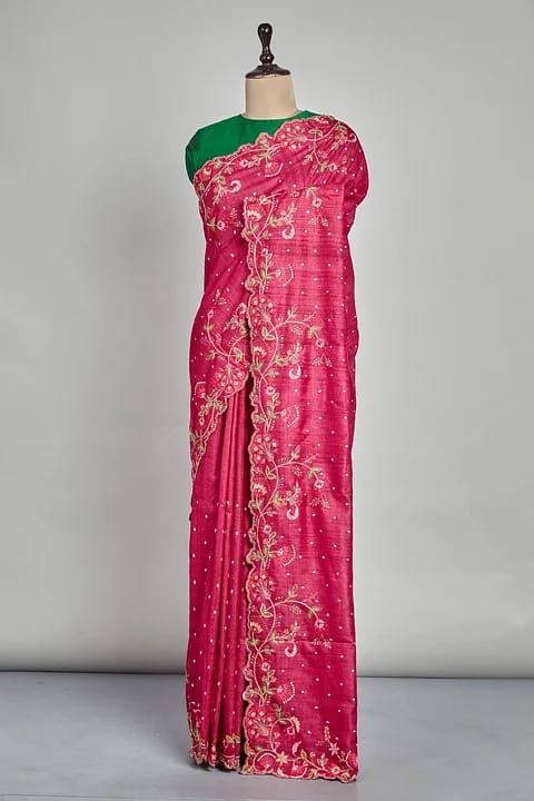 Women's Bollywood Designer Pink Colored Vichitra Silk Embroidered Party Wear Saree