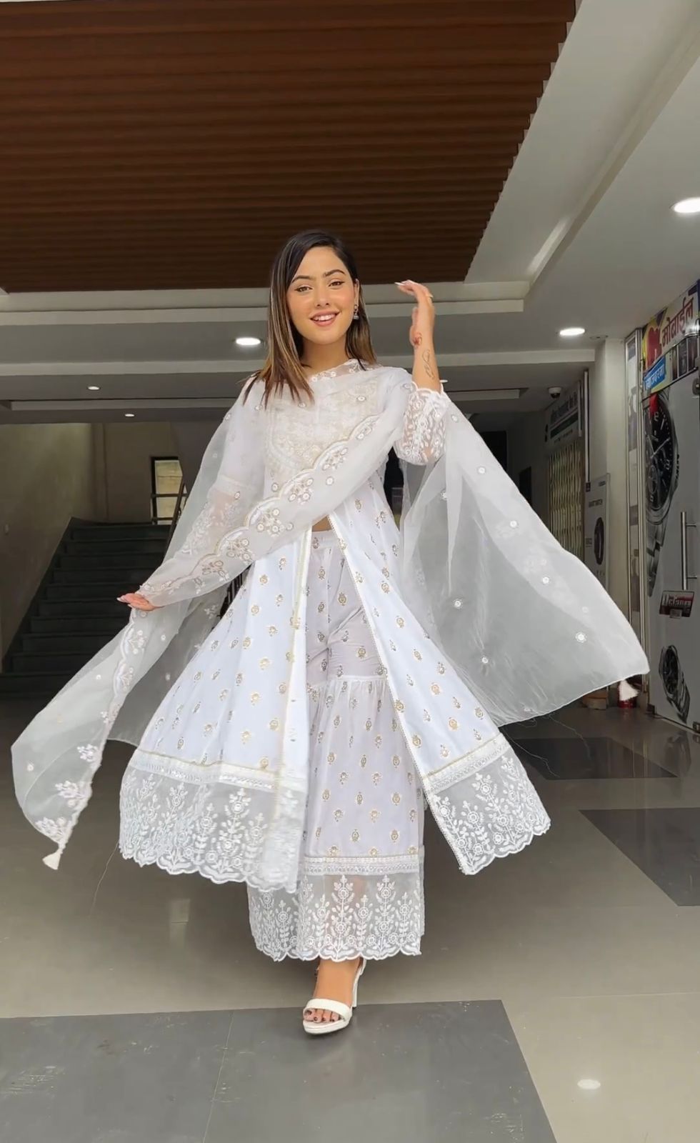 White Silk Embroidered Anarkali Set