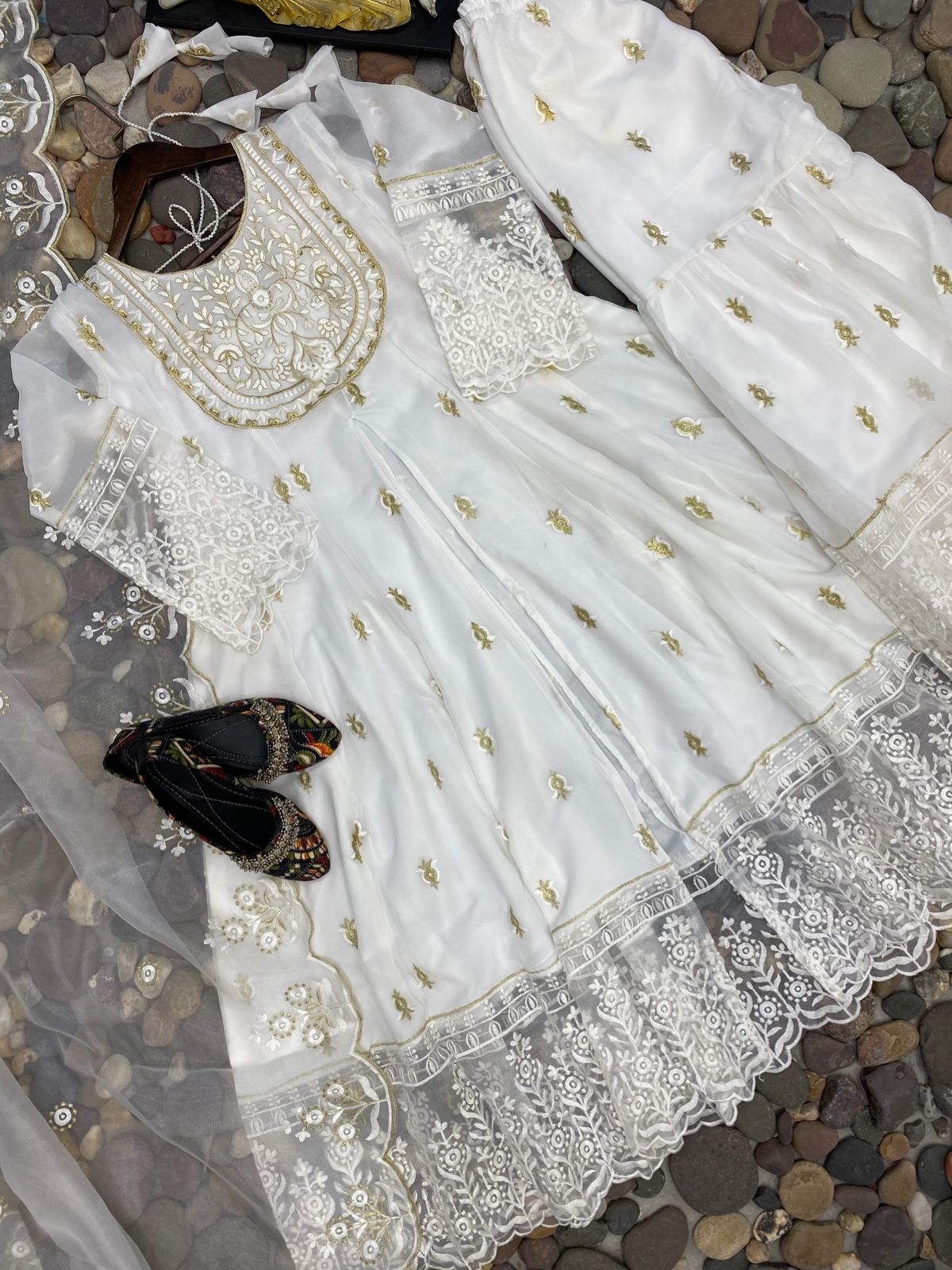 White Silk Embroidered Anarkali Set