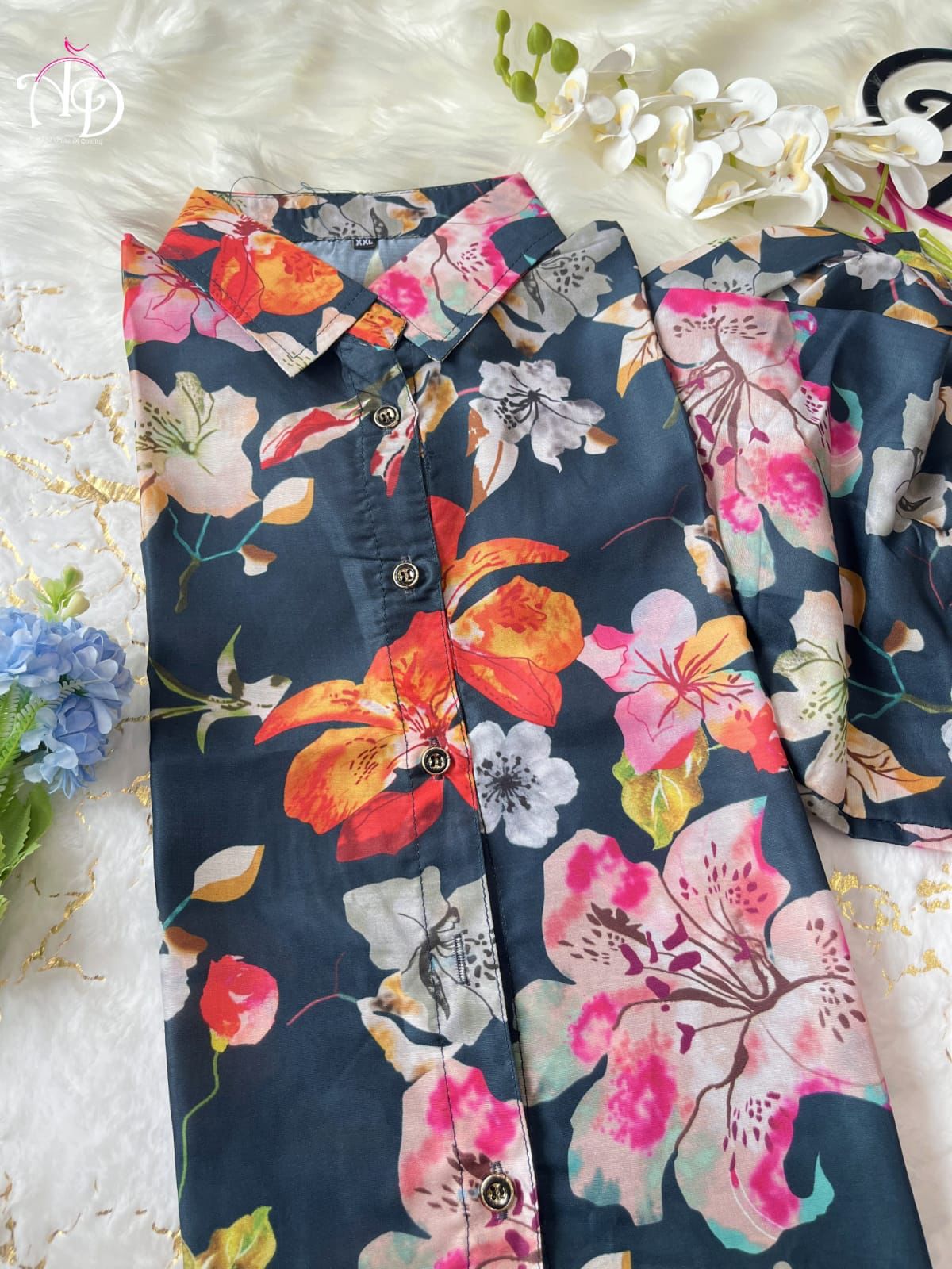 Navy Blue  Ivory Floral Muslin Tunin