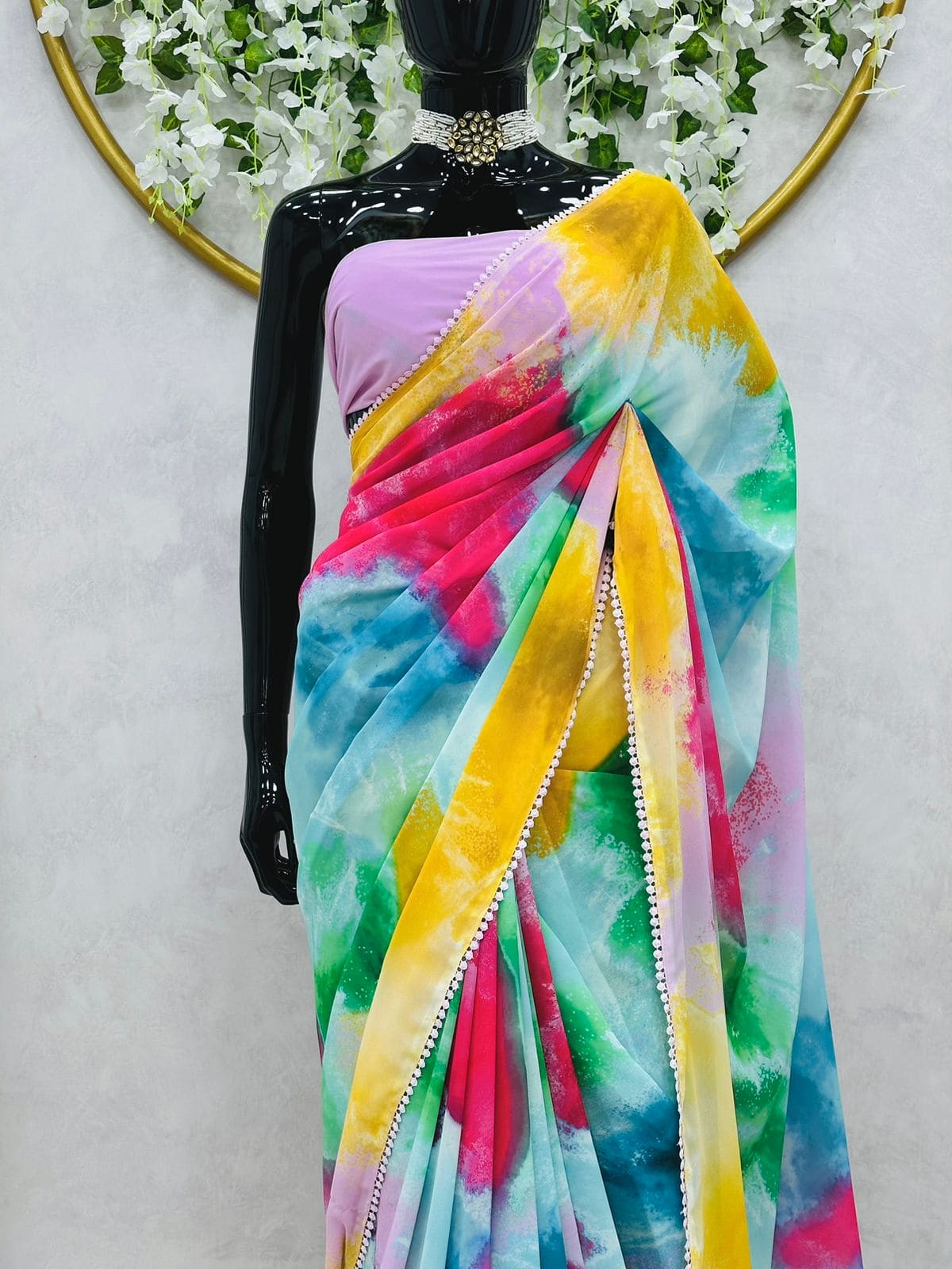 Cloud grey, sky blue, brown Tie & die printed Premium pure French silk chiffon  saree having