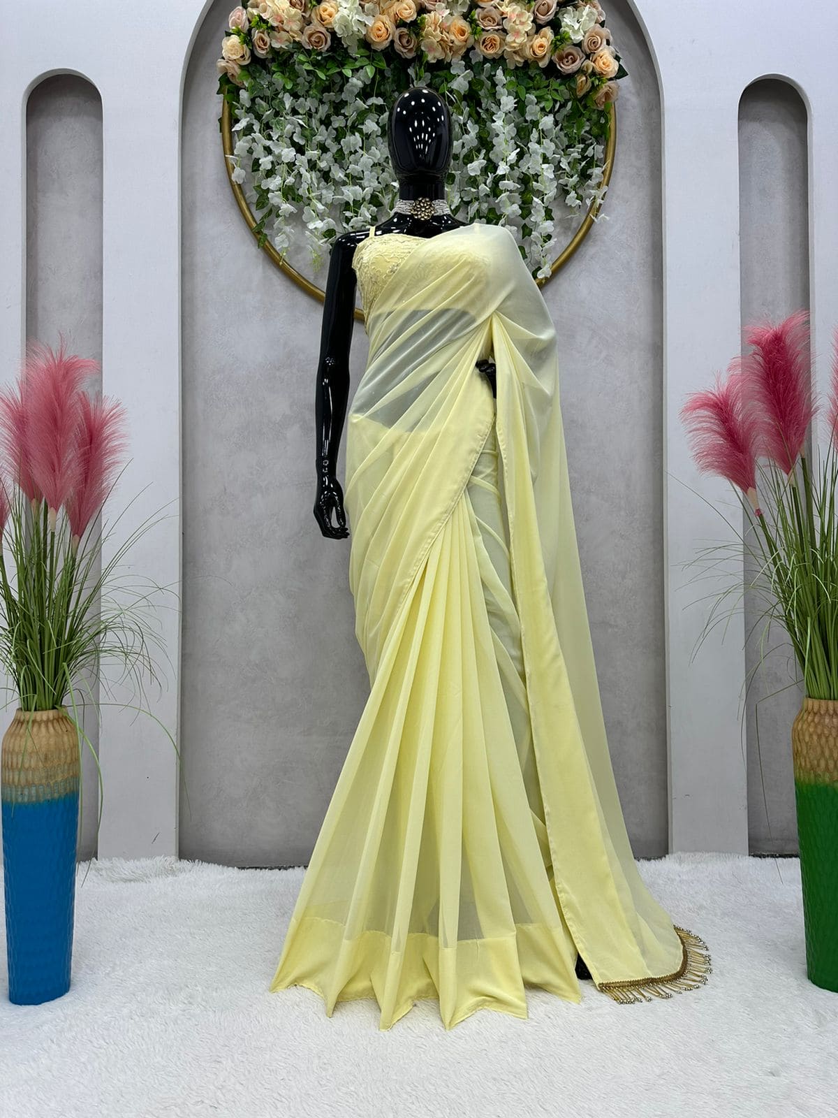 Yellow Printed Saree With Blouse