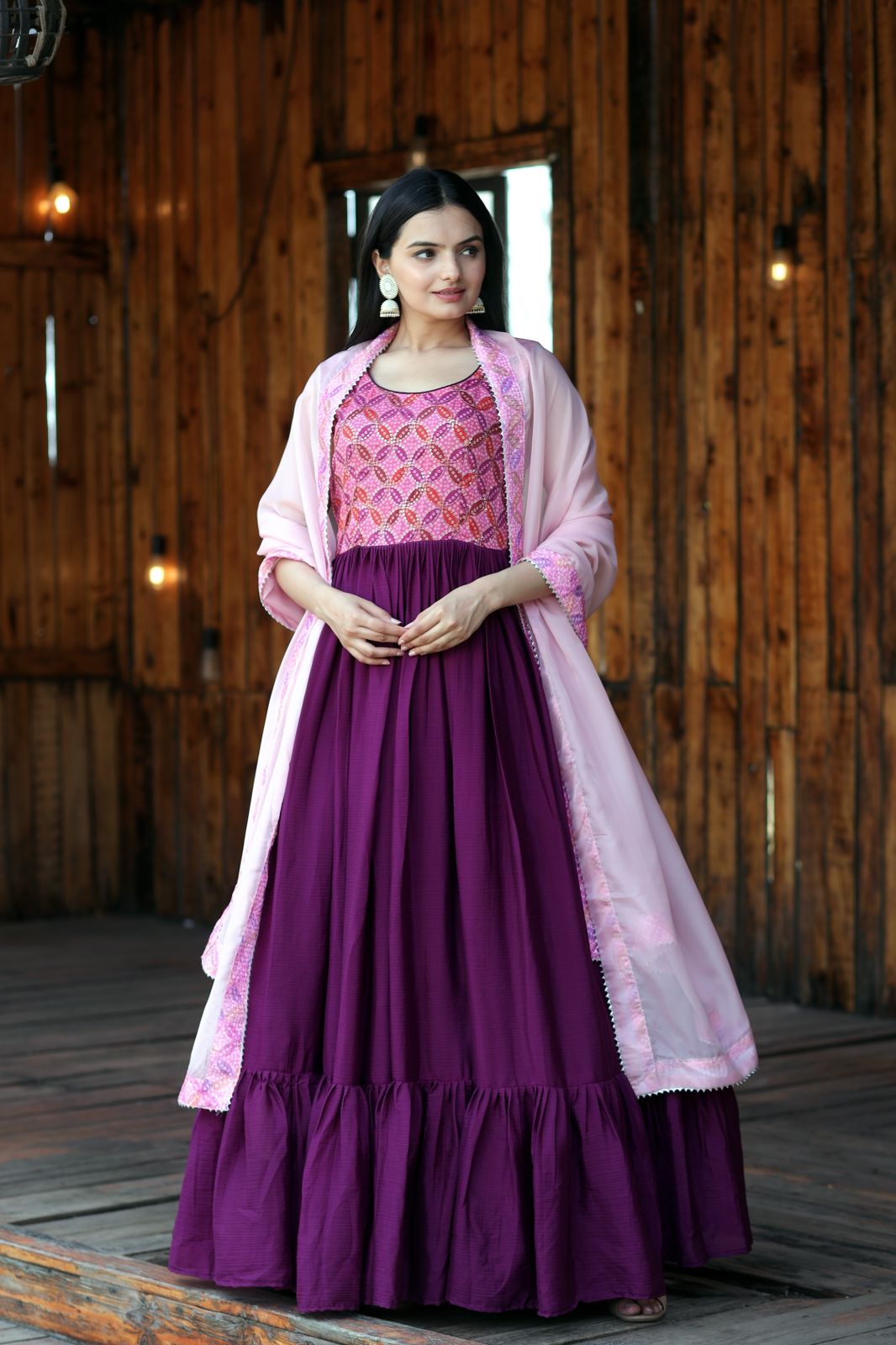 Wine Purple Zardosi Embroidered Chinnon with Sequins Party