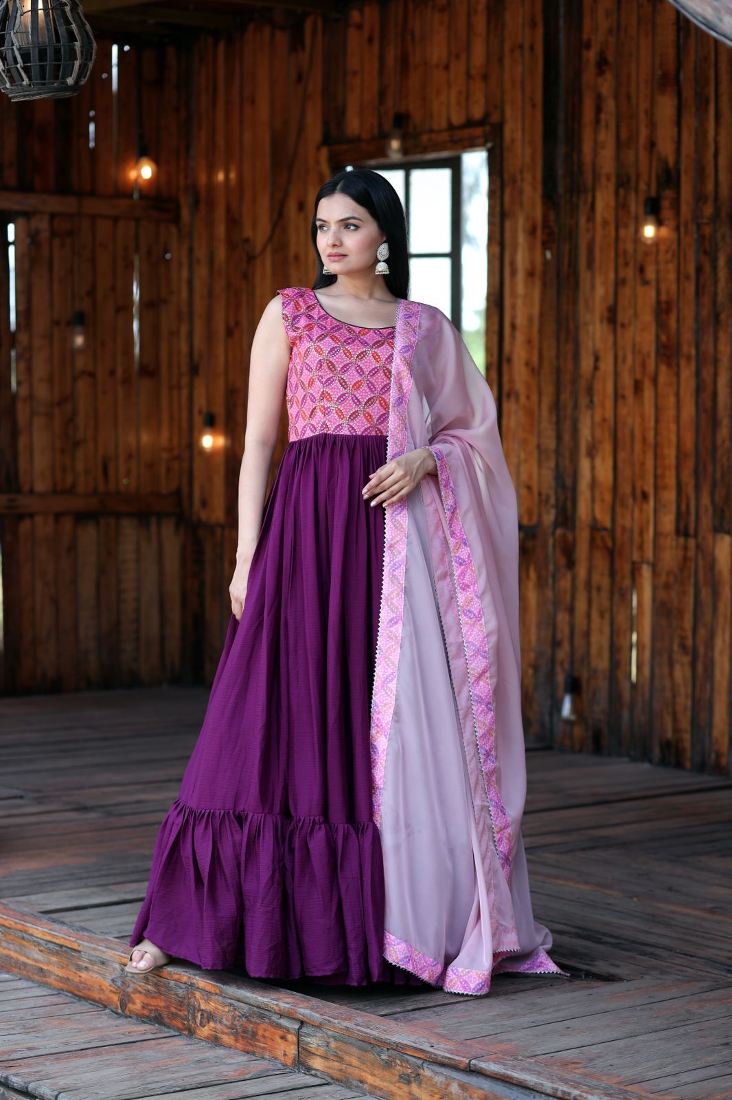 Wine Purple Zardosi Embroidered Chinnon with Sequins Party