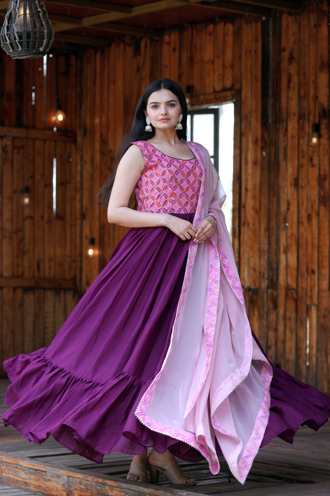 Wine Purple Zardosi Embroidered Chinnon with Sequins Party