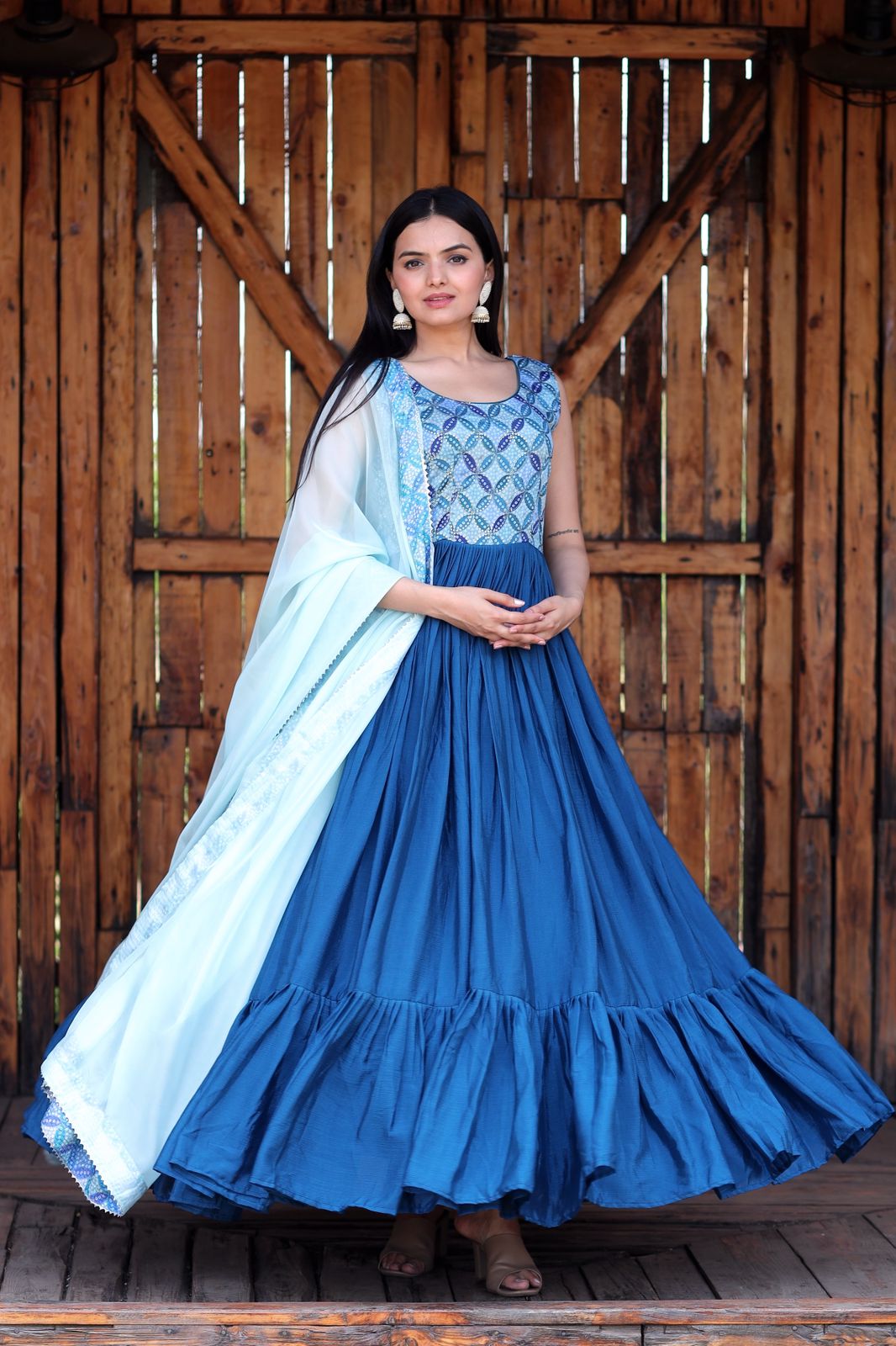 Navy Blue Rayon Designer Gown with Organza Dupatta - PrazuFashion - 3673188