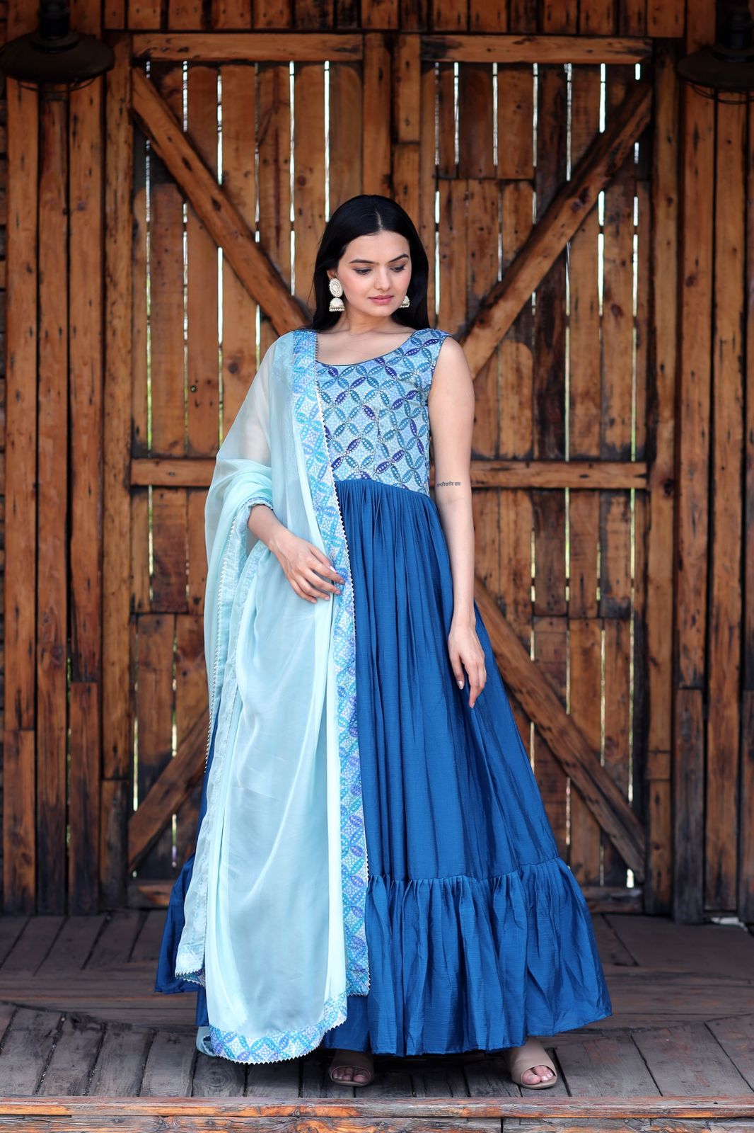 Rama Color Party Wear Long Gown With Dupatta