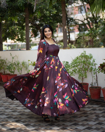 Maroon Color Gown Indian Dress Wedding Gown Designer Gown Partywear Gown Printed Gown Indian Kurti Bridal Gown Traditional Gown,