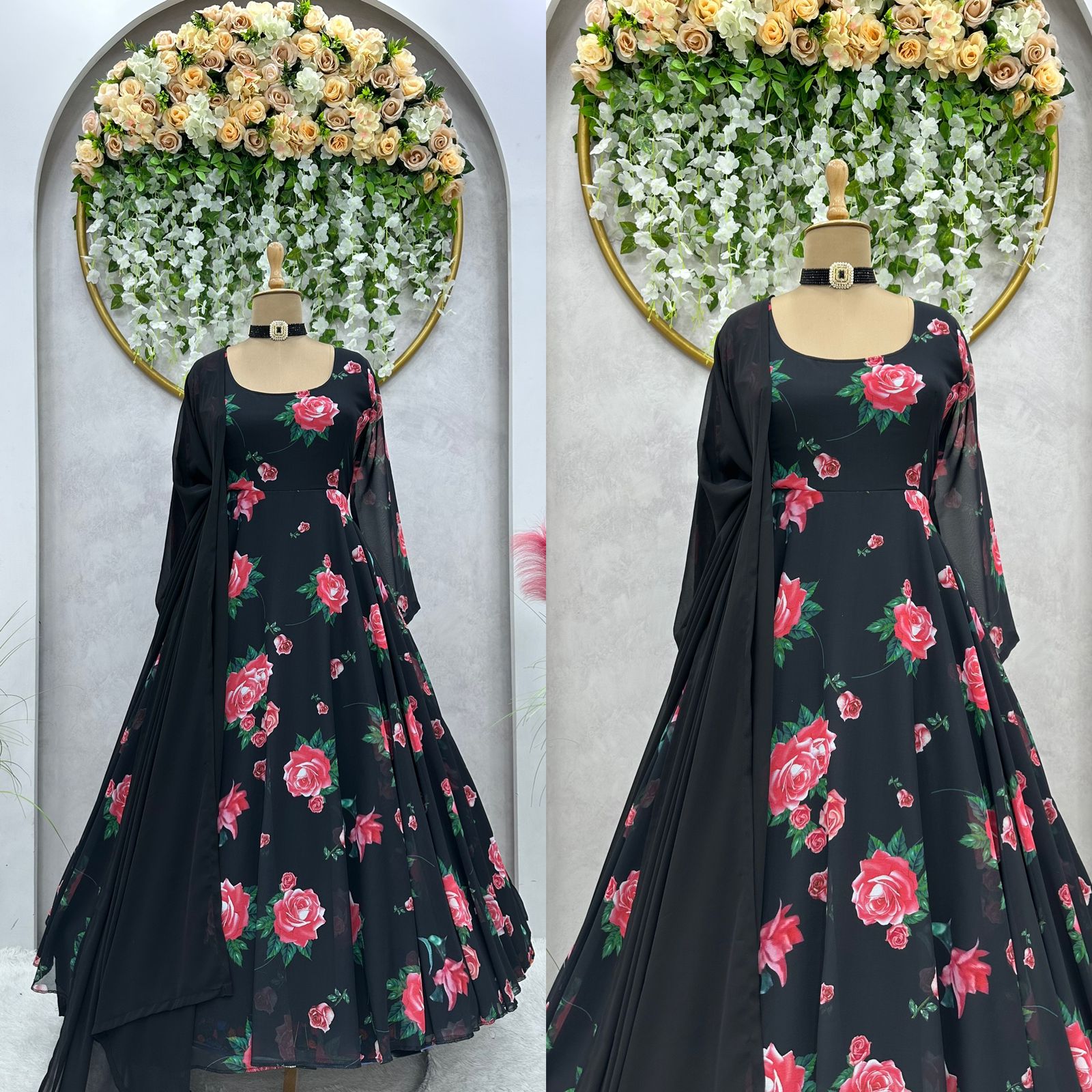 Black Floral Printed Readymade Gown In Cotton 258GW02