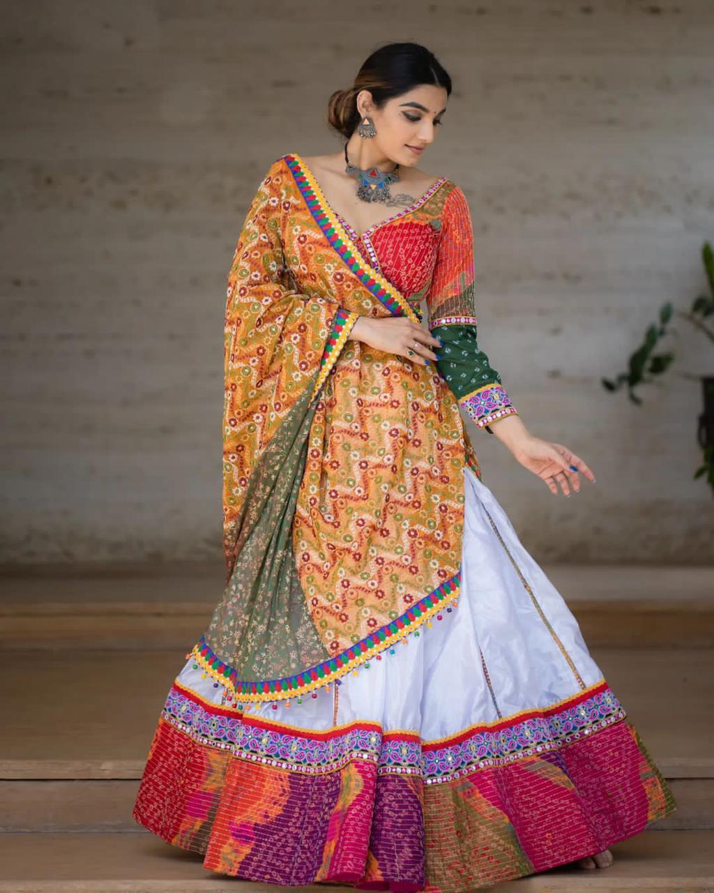 White, blue and red gujarati gamthi hand embroidered cotton semi stitched  navratri lehenga - MEGHALYA - 3659379