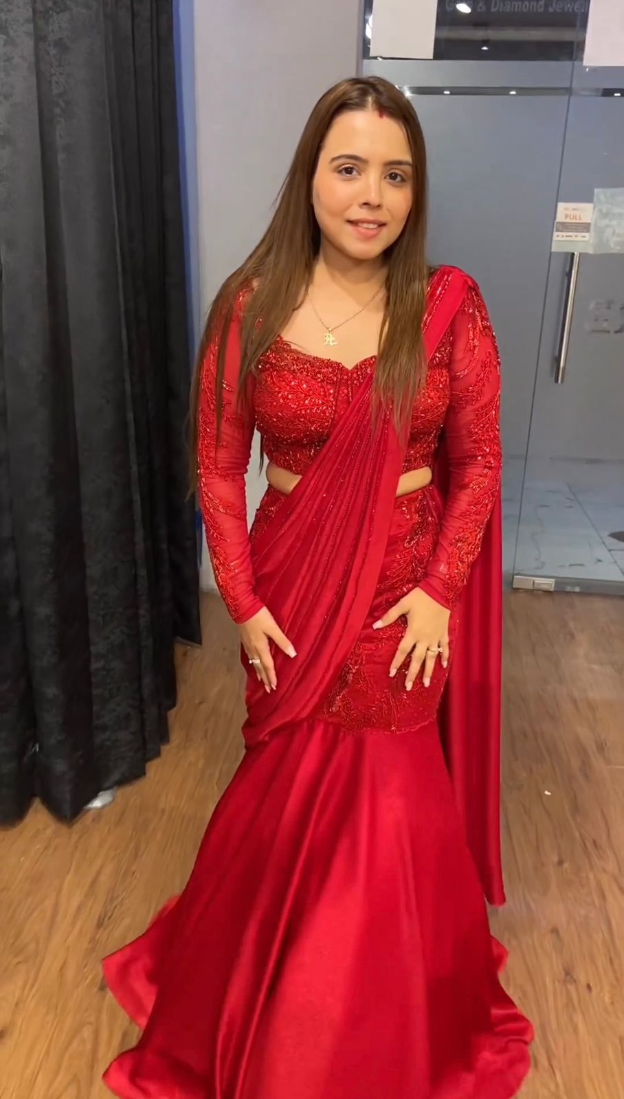 Red Stitched Saree With Corset Top And Beadad Belt