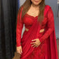 Red Stitched Saree With Corset Top And Beadad Belt