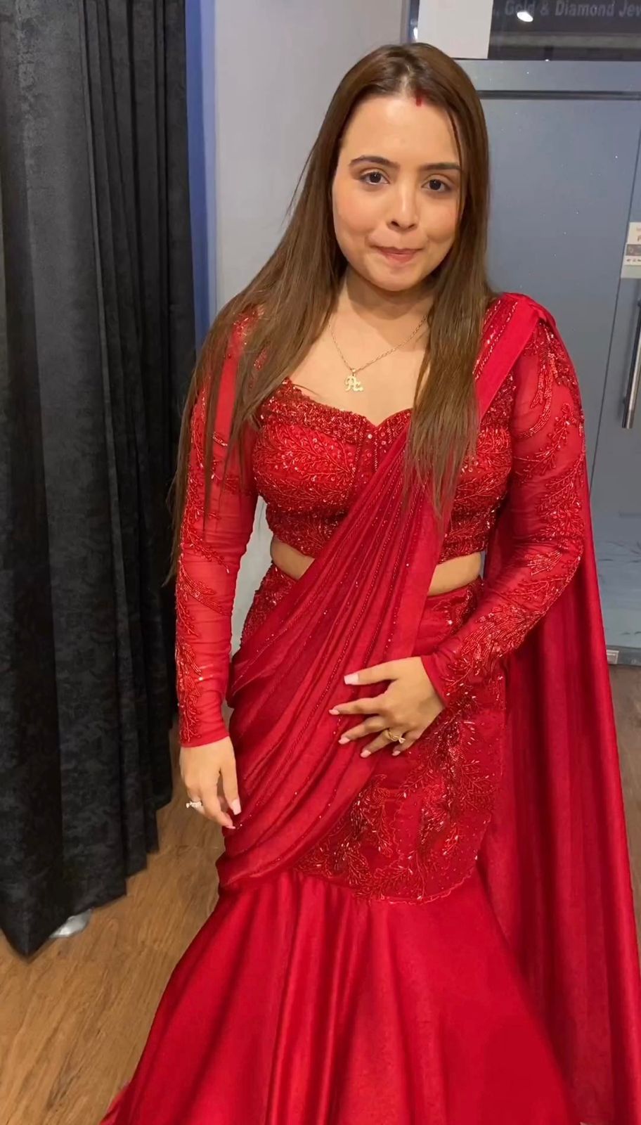 Red Stitched Saree With Corset Top And Beadad Belt