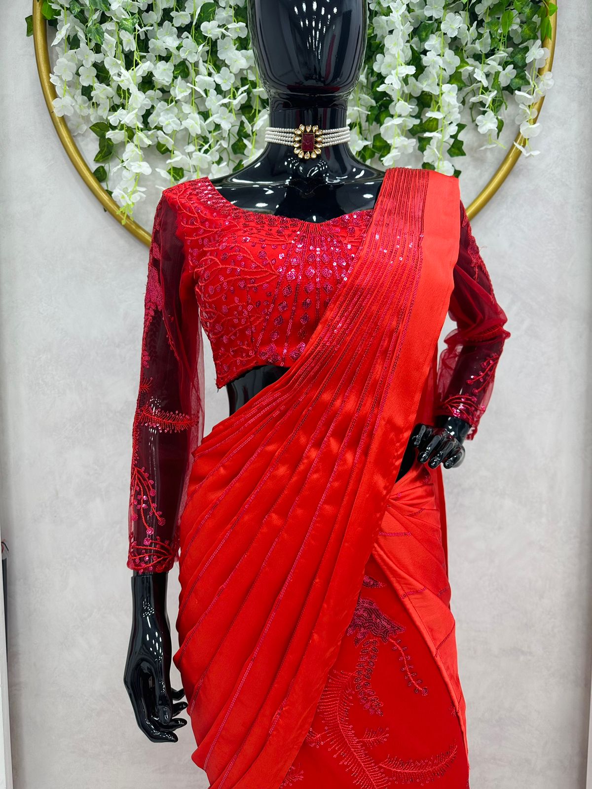 Red Stitched Saree With Corset Top And Beadad Belt