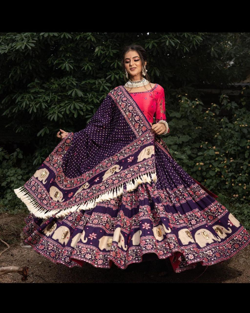 Navratri Special Lehenga Choli With Printed Butter Silk Material and glued Mirror Work