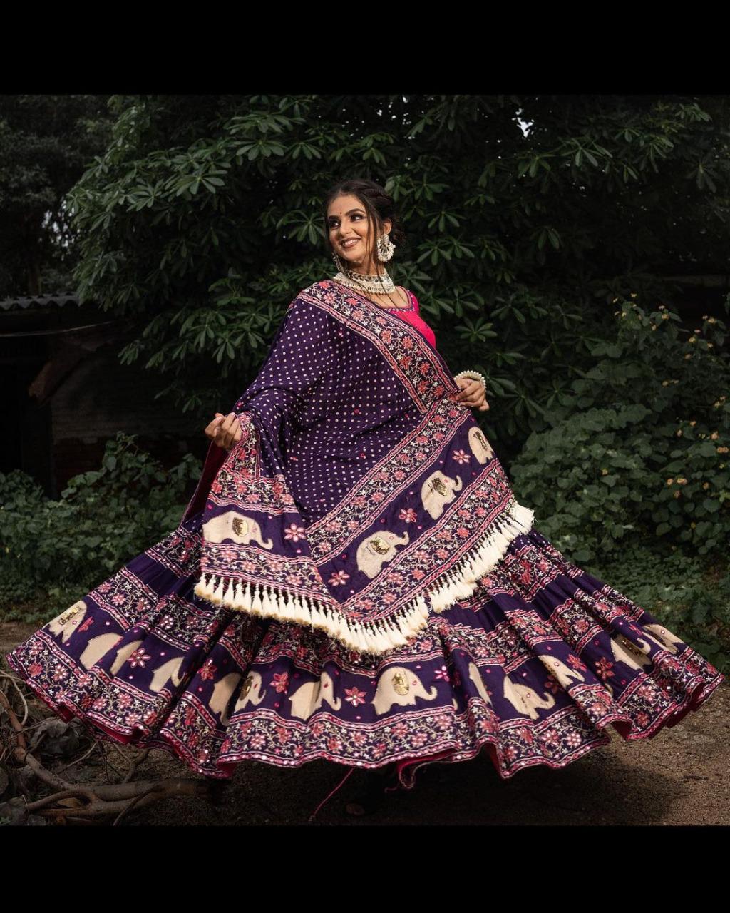 Navratri Special Lehenga Choli With Printed Butter Silk Material and glued Mirror Work