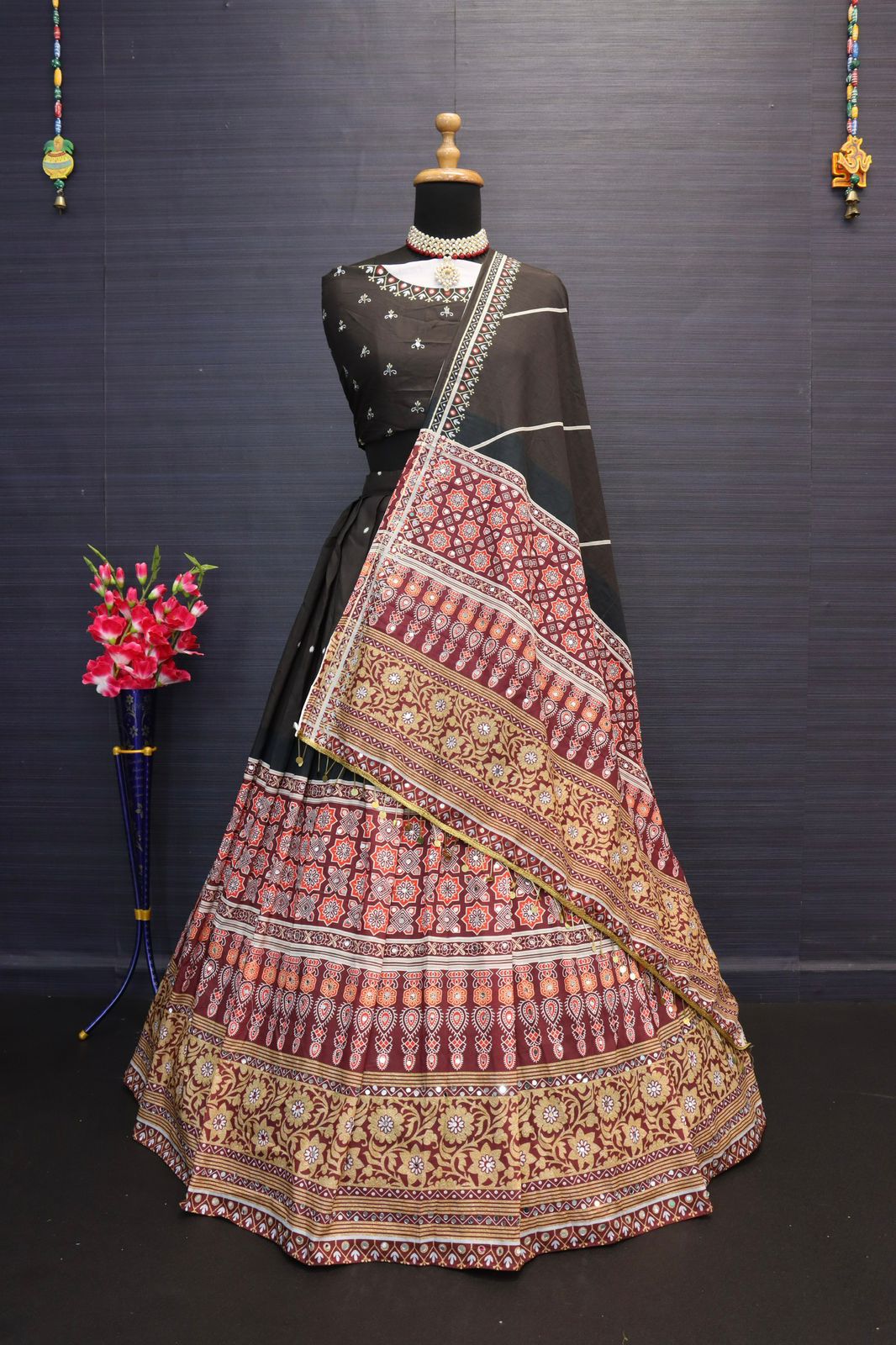 Black cotton print and mirror work gujarati garba navratri lehenga chaniya choli