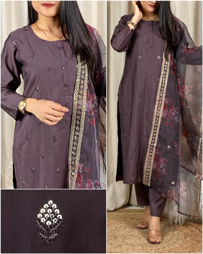 Organza Silk Party Wear Salwar Kameez in Purple and Violet with Thread work