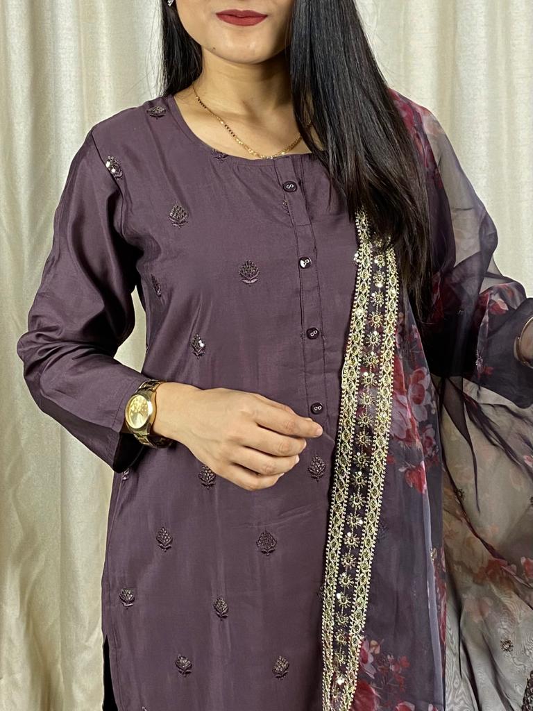 Organza Silk Party Wear Salwar Kameez in Purple and Violet with Thread work