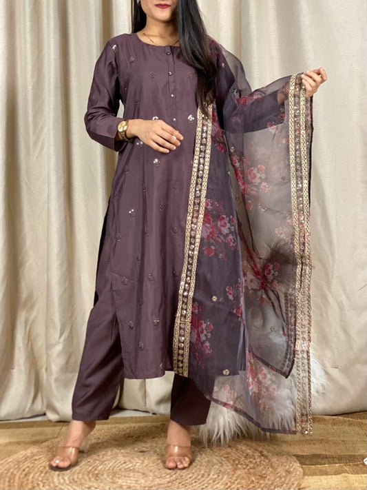 Organza Silk Party Wear Salwar Kameez in Purple and Violet with Thread work