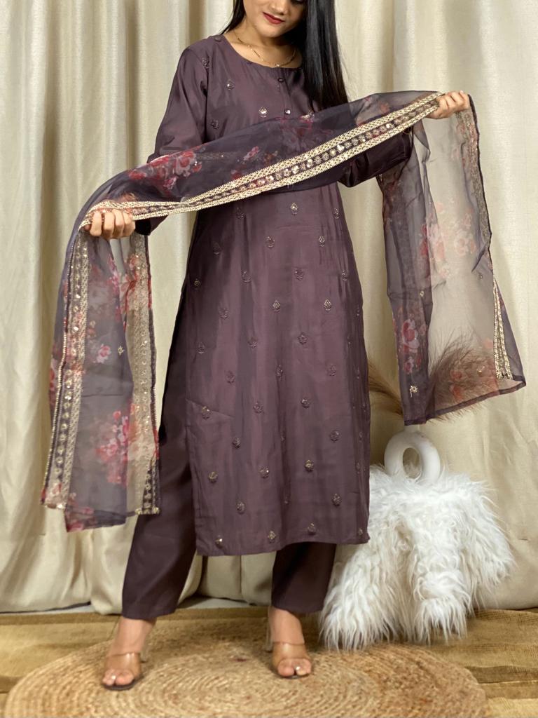 Organza Silk Party Wear Salwar Kameez in Purple and Violet with Thread work