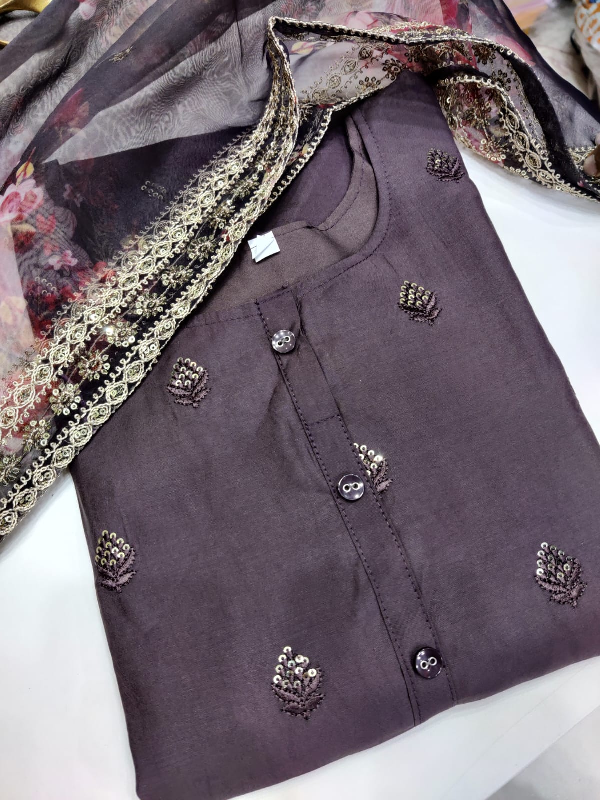 Organza Silk Party Wear Salwar Kameez in Purple and Violet with Thread work