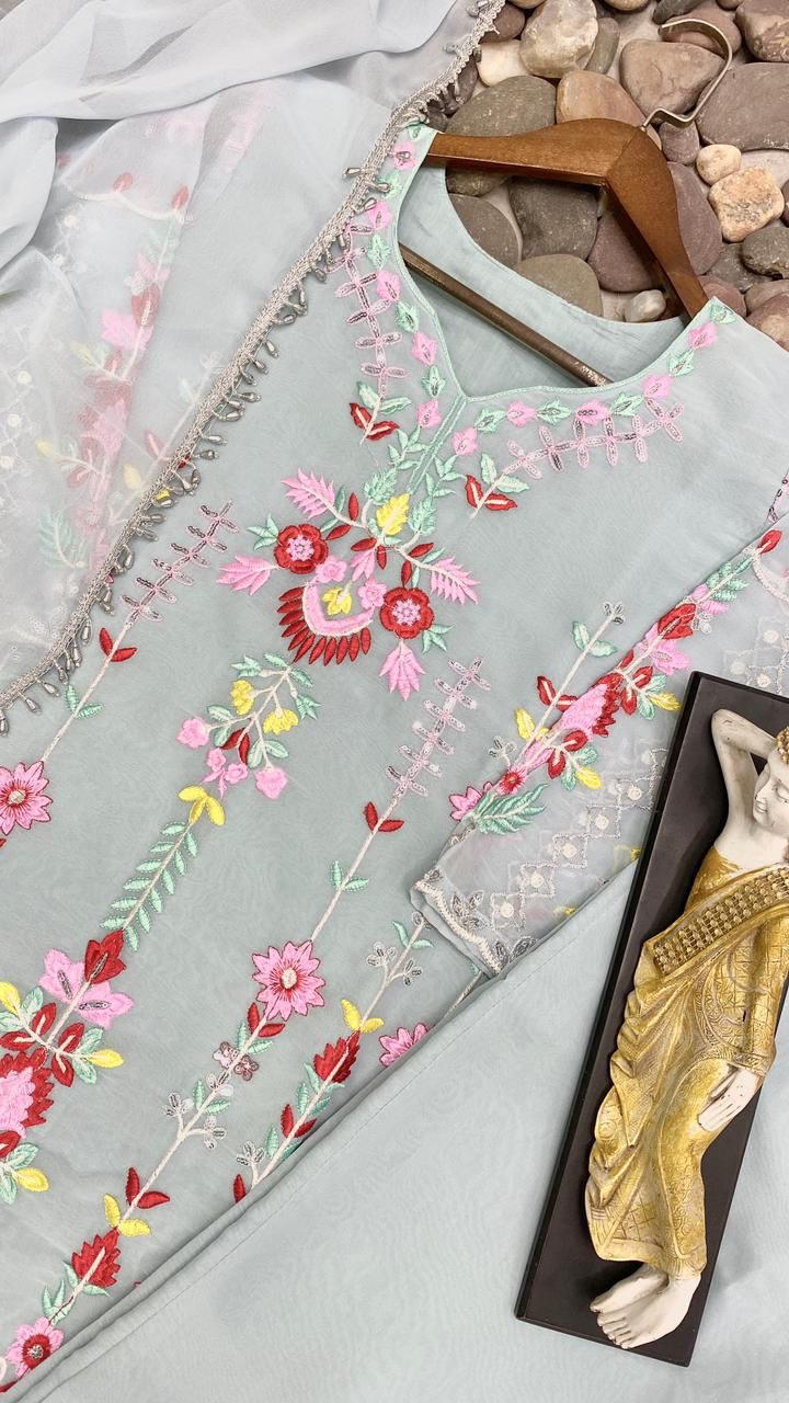 Floral Printed Zari, Sequins & Resham Embroidered Kurta With Pants & Dupatta - Powder Blue