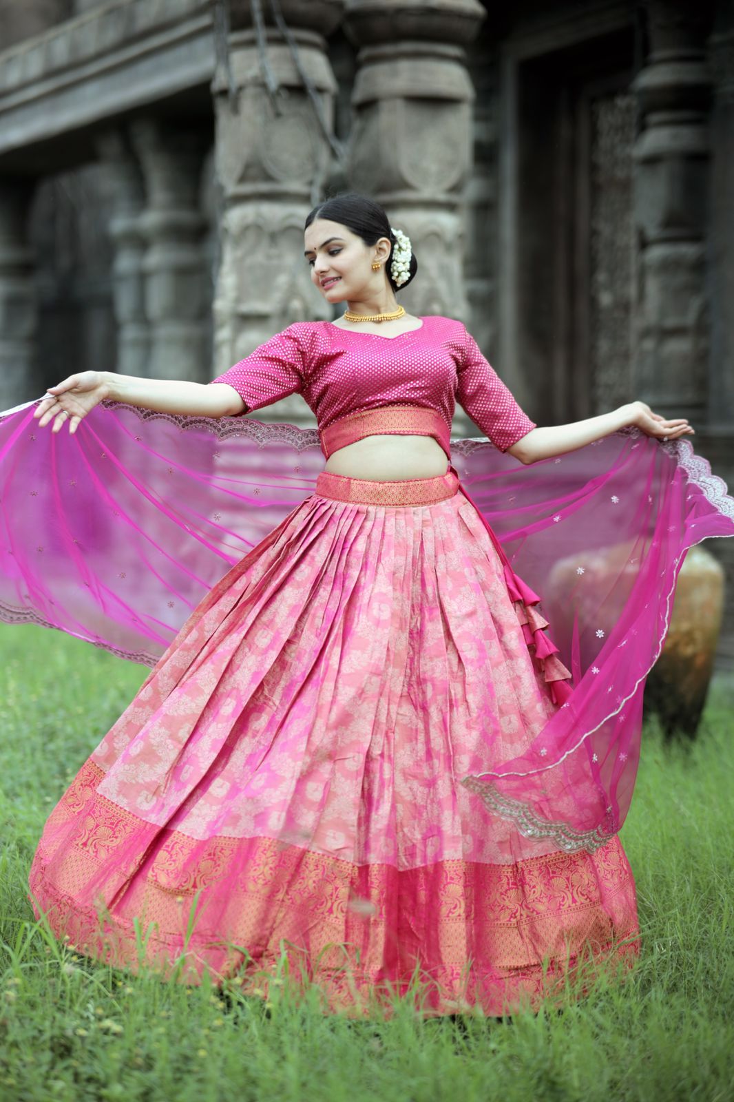 Likha by Nykaa Fashion Ghoomar Pink Gold Printed Lehenga and Choli with Dupatta