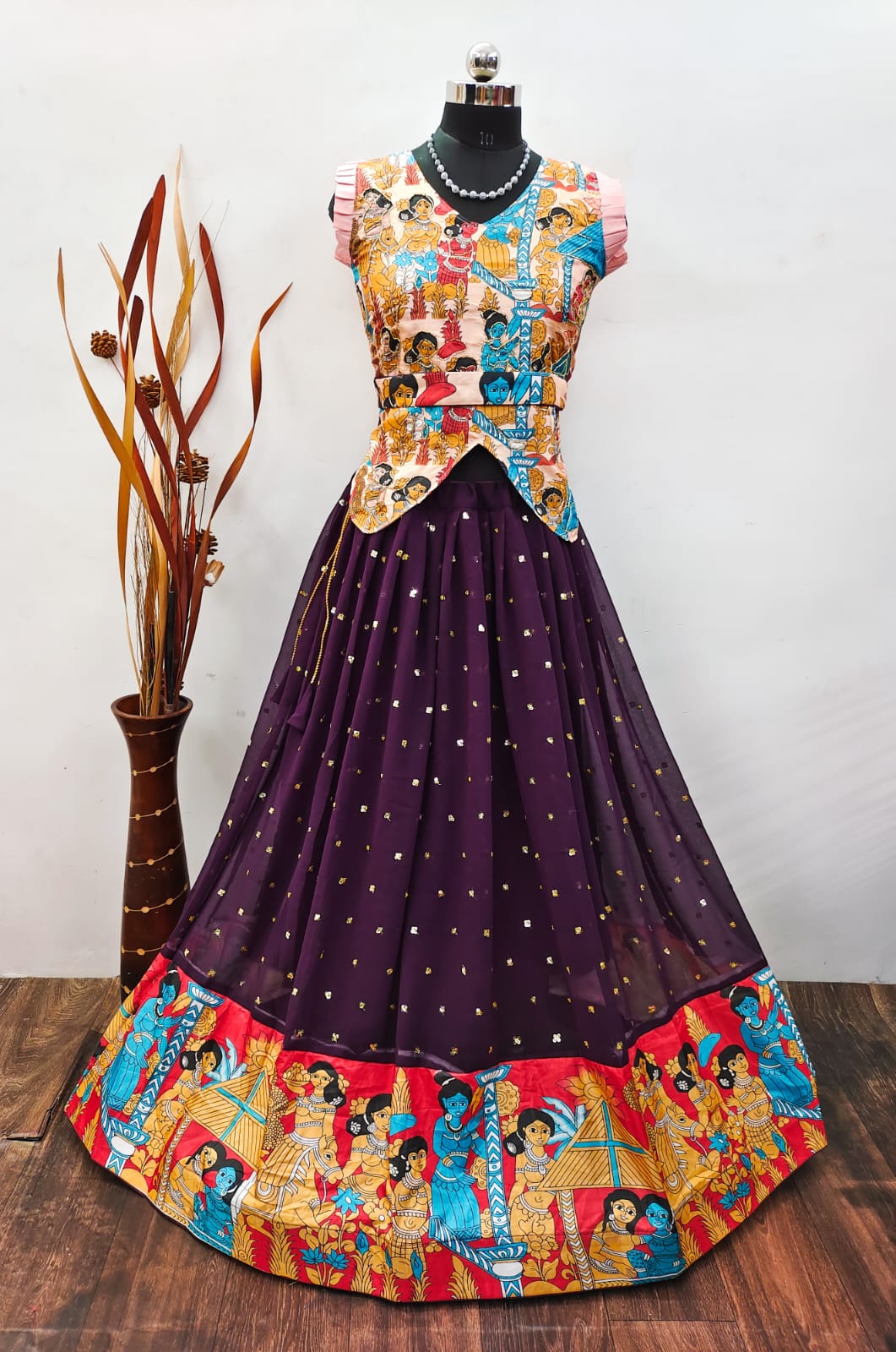 Edathal Star Collection's Party Wear Georgette Sequence Work Skirt With Top And Belt