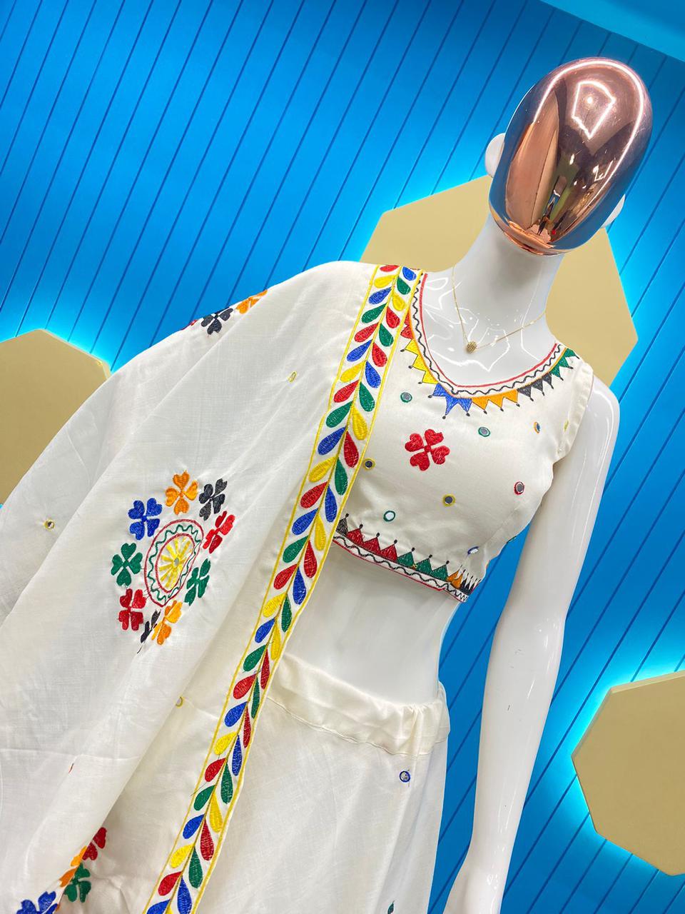 Semi Stitched Indian Ethnic Designer Rayon Mirror Work White Lehenga