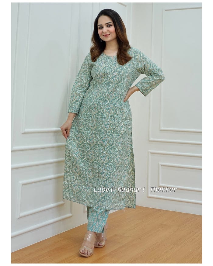 Green Kantha Kurti Set