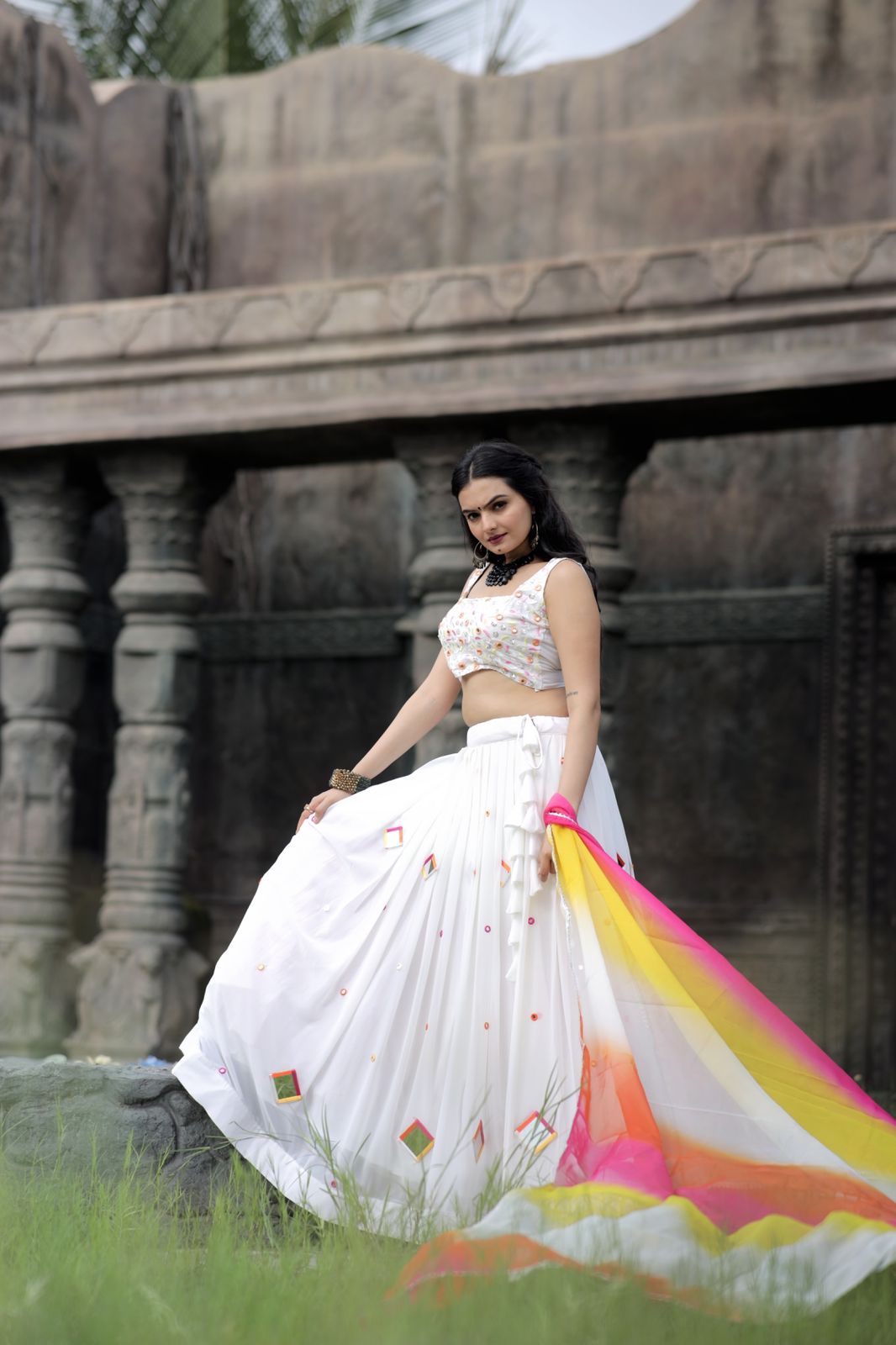 White color lehenga choli forwomen ,indian designer Paper Mirror Work