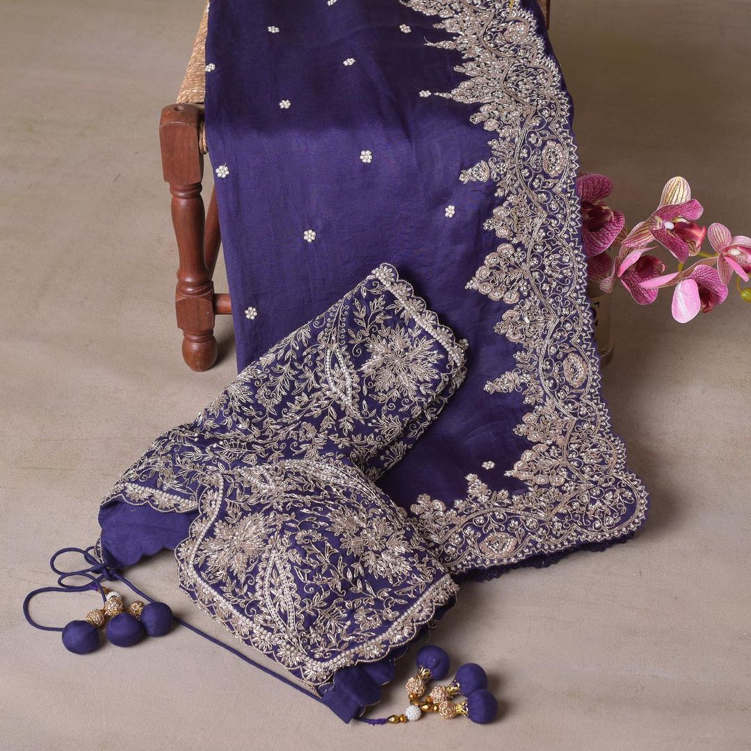 Gorgeous Aishwarya Shindogi in Samyakk's Dark Indigo Blue Pearl Embroidered Organza saree