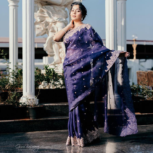 Gorgeous Aishwarya Shindogi in Samyakk's Dark Indigo Blue Pearl Embroidered Organza saree